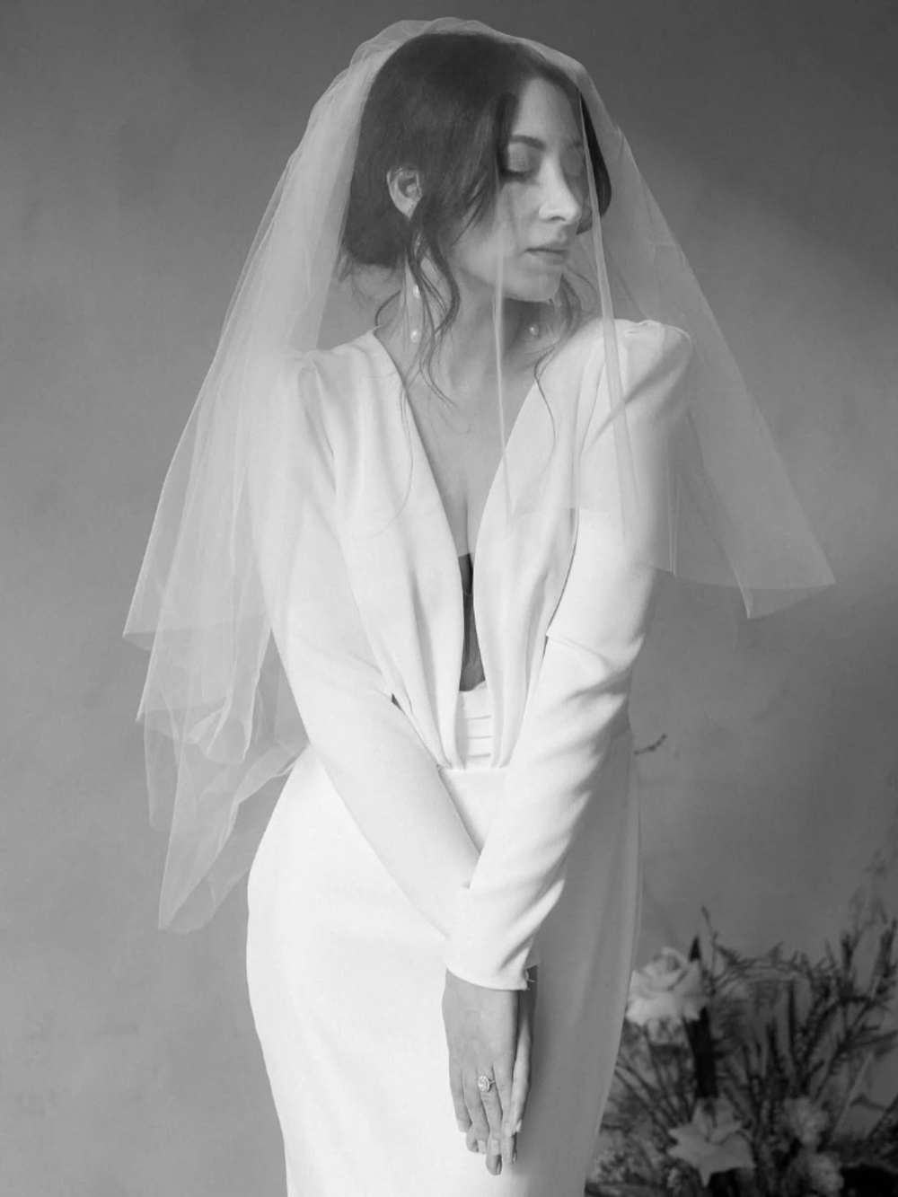 Designer Ivory Fingertip Wedding Veil with Blusher